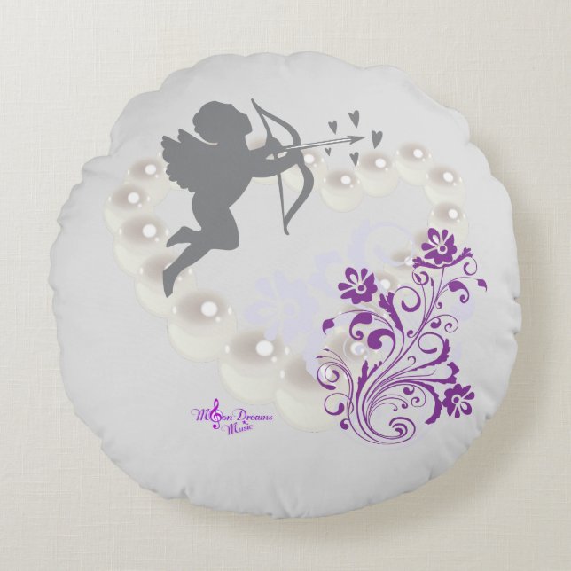 Cupid Pearls Blommigt Heart Silver Grått Round Pil Rund Kudde (Framsidan)