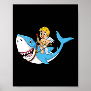 Cupid Riding Shark Valentines day Roligt Boys Girl Poster
