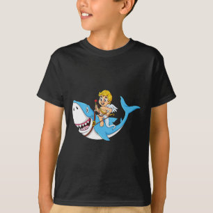 Cupid Riding Shark Valentines day Roligt Boys Girl T Shirt
