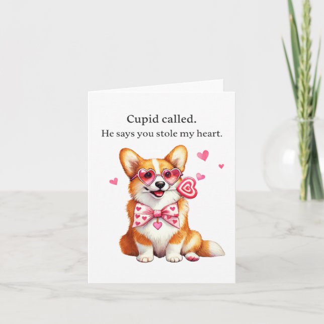 Cupid ringde – Roligt Corgi Alla hjärtans dag-kort Kort (Framsida)