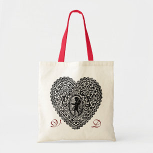 CUPID SNÖRE HEART BLACK OCH WHITE ROSA RED MONOGRA TYGKASSE
