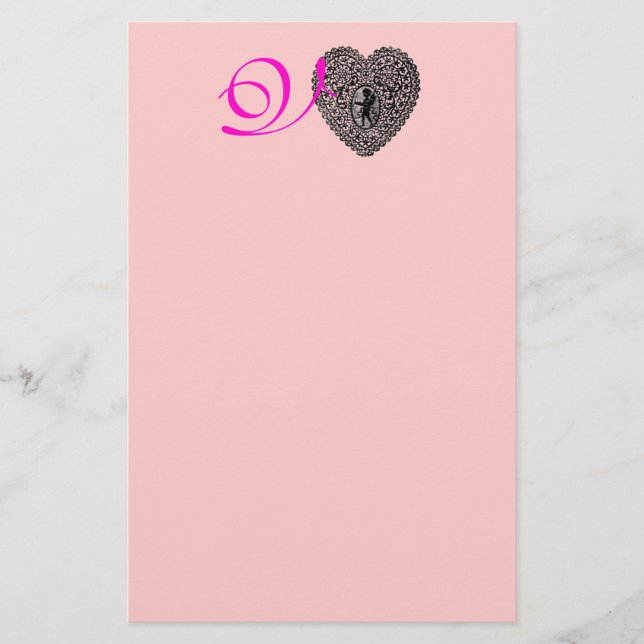 CUPID SNÖRE HEART MONOGRAM, rosa fuchsia Brevpapper (Framsida)