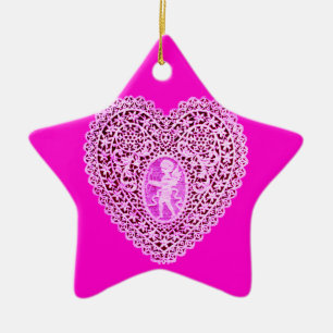 CUPID SNÖRE HEART rosa lila Star Julgransprydnad Keramik