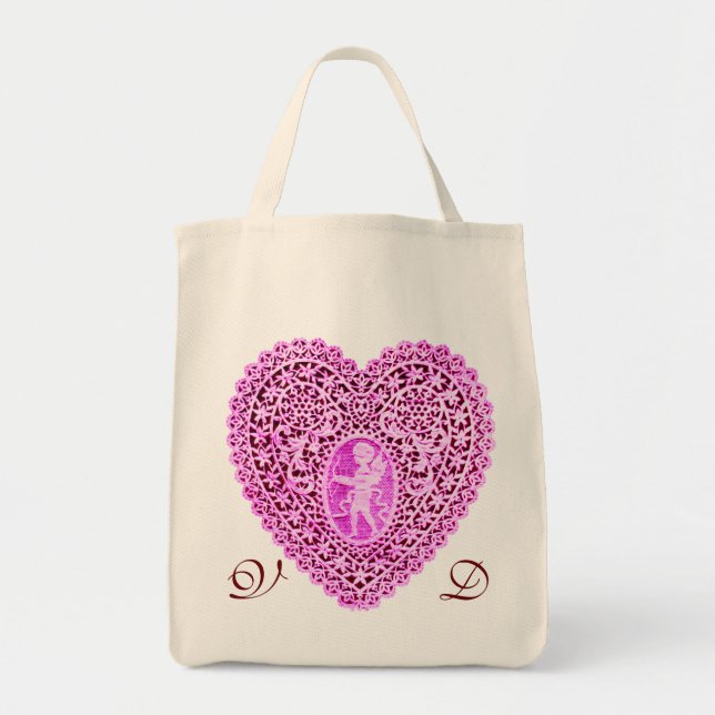 CUPID SNÖRE HEART ROSA VIOLET MONOGRAM TYGKASSE (Framsidan)