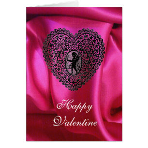 CUPID SNÖRE HEART SILKE FUCHSIA TRASA, Rosa Black Hälsningskort