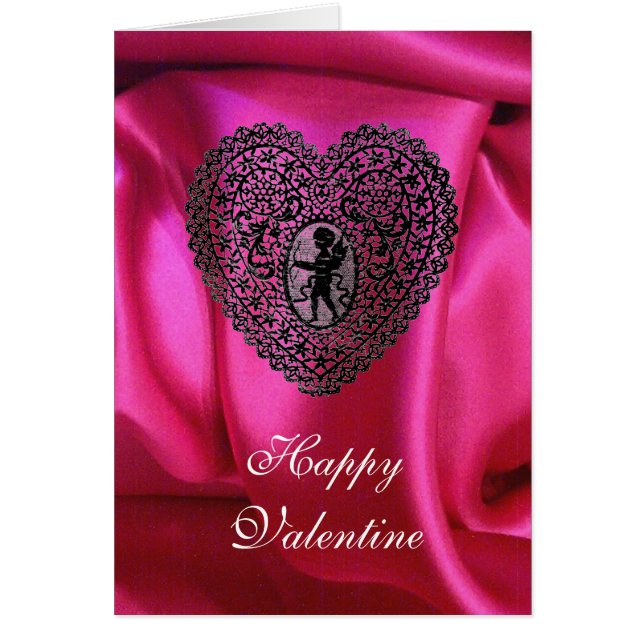 CUPID SNÖRE HEART SILKE FUCHSIA TRASA, Rosa Black Hälsningskort (Framsidan)