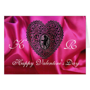 CUPID SNÖRE HEART SILKE FUCHSIA TRASA, Rosa Black Hälsningskort