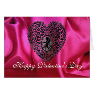 CUPID SNÖRE HEART SILKE FUCHSIA TRASA, Rosa Black Hälsningskort