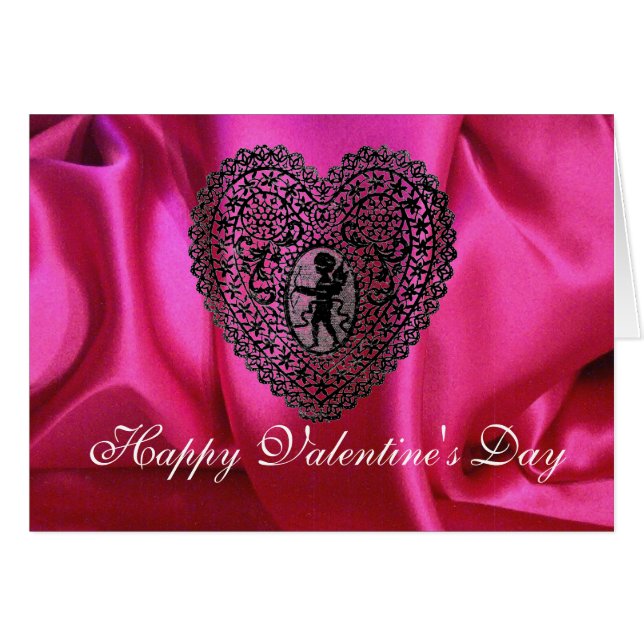 CUPID SNÖRE HEART SILKE FUCHSIA TRASA, Rosa Black Hälsningskort (Framsidan Horizontal)