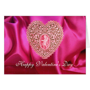 CUPID SNÖRE HEART SILKE FUCHSIA TRASA, Rosa Red Hälsningskort