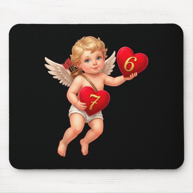 Cupid som håller 6 och 7 hjärtan valentinmeme söt  musmatta (Framsidan)