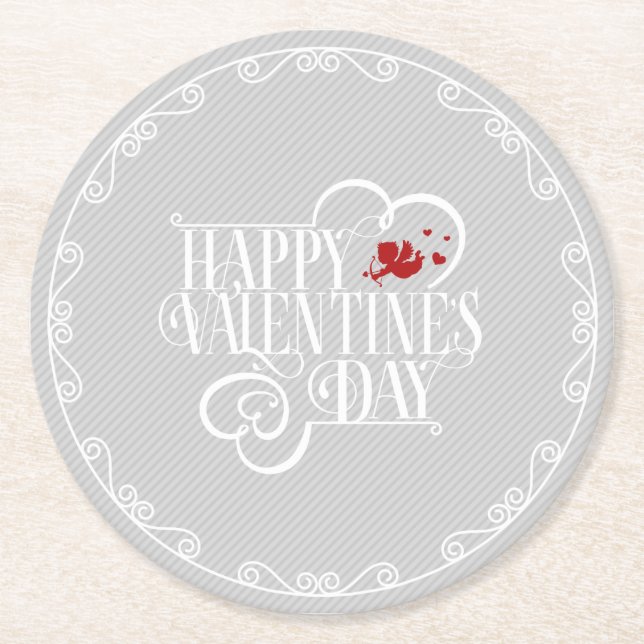 Cupid Typography Valentines Day White ID736 Underlägg Papper Rund (Framsidan)
