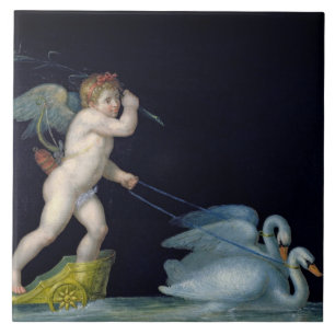 Cupiden som den är, ledde vid en para av svanar kakelplatta