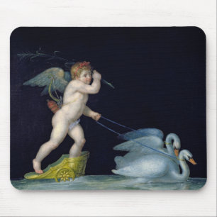 Cupiden som den är, ledde vid en para av svanar musmatta