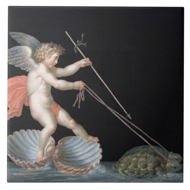 Cupiden som den är, ledde vid sköldpaddor (olja på kakelplatta (Framsidan)