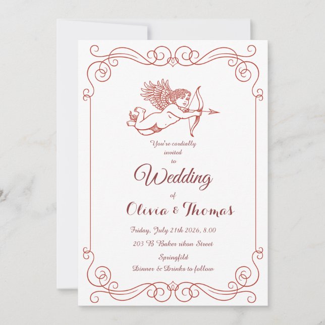 Cupid's Arrow Vintage Bröllopsinbjudan Röd Inbjudningar (Framsida)