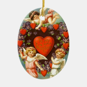 Cupids för vintagevalentin 3 och röda hjärtor julgransprydnad keramik