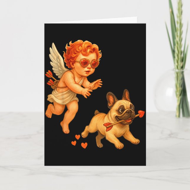 Cupids jagar fransk valp på Alla hjärtans dag ägar Kort (Framsida)