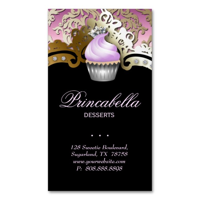 Cupkaka Bakery Elegant Damask Lila Guld Magnetiska Visitkort (Framsida vertikal)