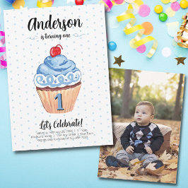 Cupkaka Blue Boy Photo 1:a födelsedag Party Inbjudningar