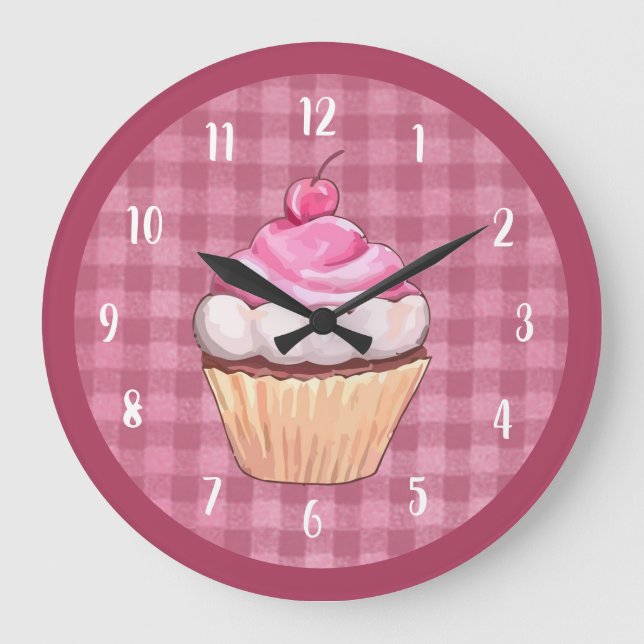 Cupkaka Cute Rosa Gingham Bakery Dessert Stor Klocka (Framsida)