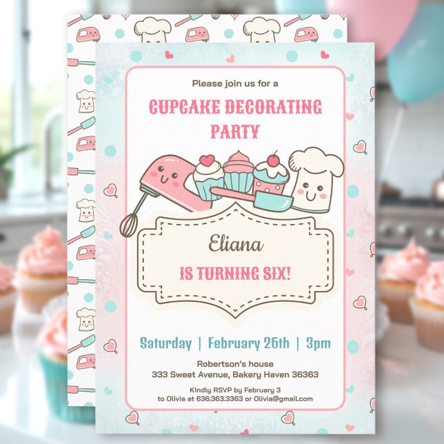 Cupkaka Dekorerar Party Cute Baking Girl Birthday Inbjudningar (Cupcake Decorating Party Cute Baking Girl Birthday Invitation)
