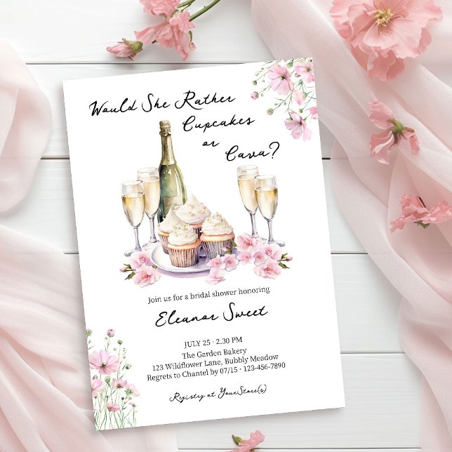 Cupkaka eller Cava Delikat Rosa Blommigt Möhippa Inbjudningar (Champagne Bridal Shower invitation from Cupcakes and Cava Bridal Shower Collection by Darling & May)