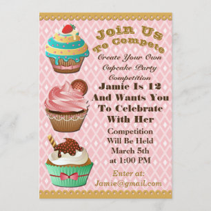 Cupkaka Krig Bake off Birthday Rosa Diamond Inbjud Inbjudningar