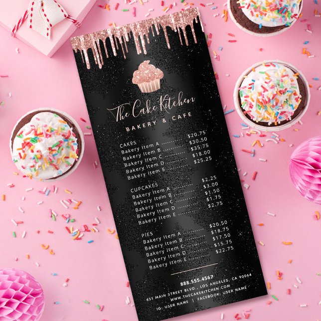 Cupkaka Ro Guld Glitter Bakery Chef Black Menu Reklamkort (Skapare uppladdad)