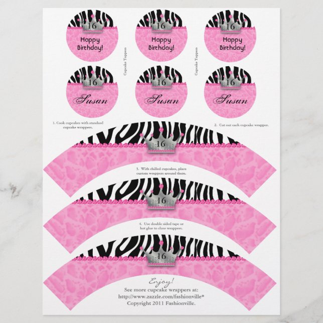 Cupkakor Wrappers Princess Krona Zebra w/ Toppers (Framsida)