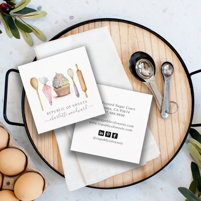 Cuptårta Bakery Pastry Chef Bakers Utensils Fyrkantigt Visitkort (Skapare uppladdad)