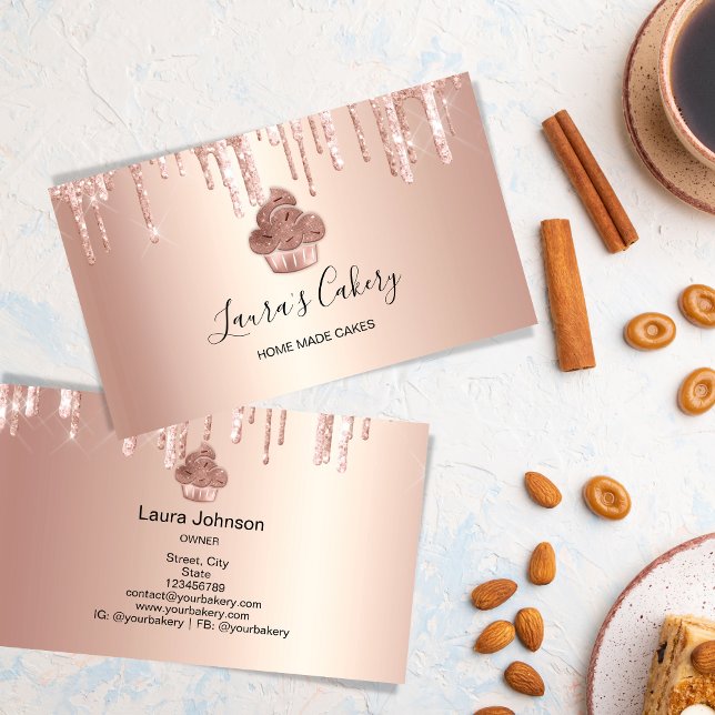 Cuptårta Bakery Pastry Chef Glitter Drives Ro Guld Visitkort (Pastry and home made cakes business marketing material with a rose gold glitter cupcake design.)
