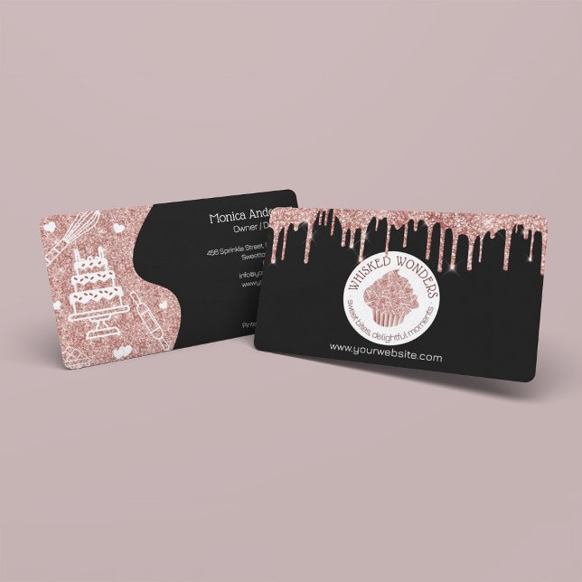Cuptårta Bakery Pastry Chef Glitter Drives Ro Guld Visitkort (Pastry Cake Bakery Glitter Rose Gold Pink Drips Business Card)