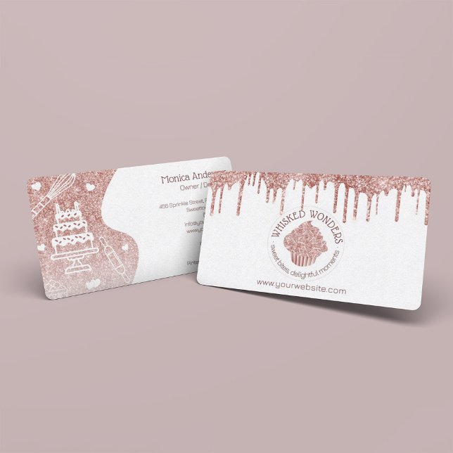 Cuptårta Bakery Pastry Chef Glitter Drives Ro Guld Visitkort (Pastry Cake Bakery Glitter Rose Gold Pink Drips Business Card)