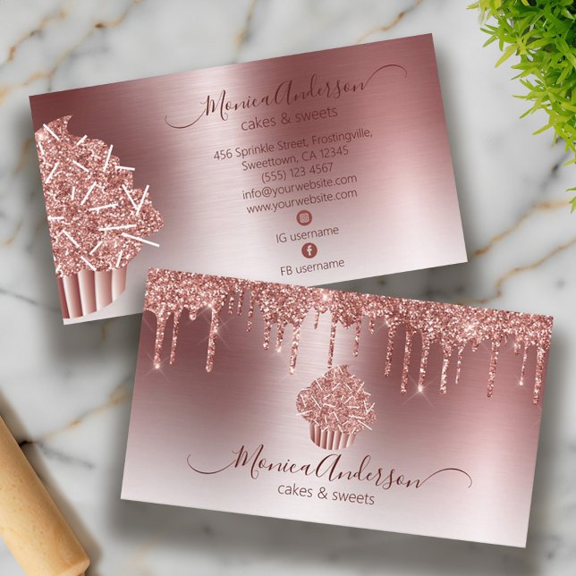 Cuptårta Bakery Pastry Chef Glitter Drives Ro Guld Visitkort (Cupcake Bakery Pastry Chef Glitter Drips Rose Gold Business Card)