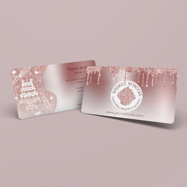 Cuptårta Bakery Pastry Chef Glitter Drives Ro Guld Visitkort (Pastry Cake Bakery Glitter Rose Gold Pink Drips Business Card)