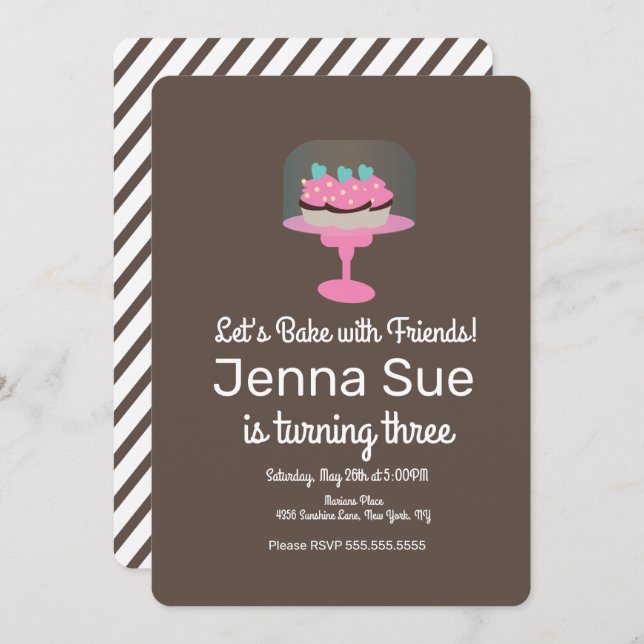 Cuptårta Baking 3rd Birday Party Cake Stat Inbjudningar (Fram/baksida)