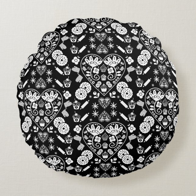 Cuptårta Baking Folk Art Rund Kudde (Framsidan)