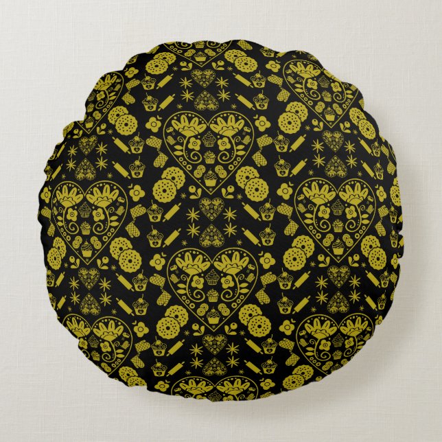 Cuptårta Baking Folk Art Rund Kudde (Framsidan)