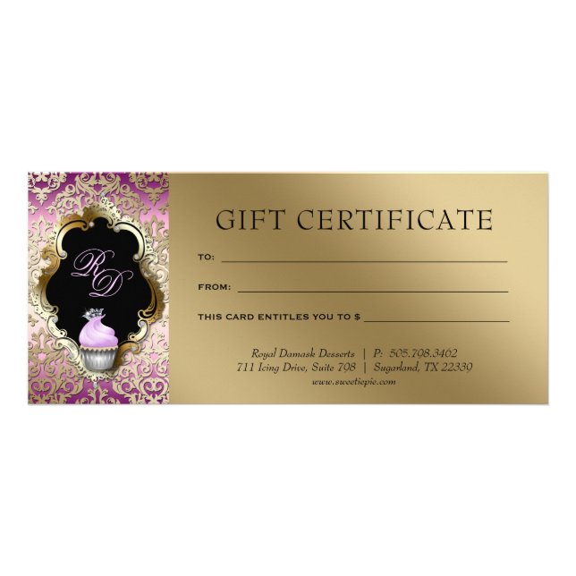 Cuptårta Damask Gift Certificate Lila Guld Reklamkort (Framsidan)