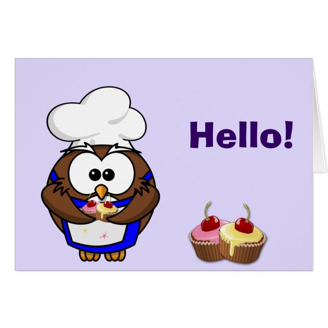 cuptårtkock uggla hälsningskort (Framsidan Horizontal)