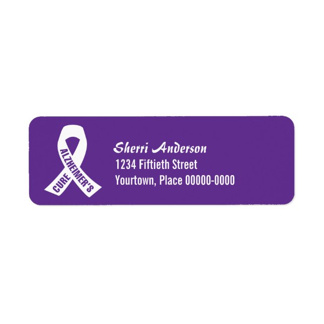 Cure Alzheimers Ribbon on Lila Returadress Etikett (Framsidan)