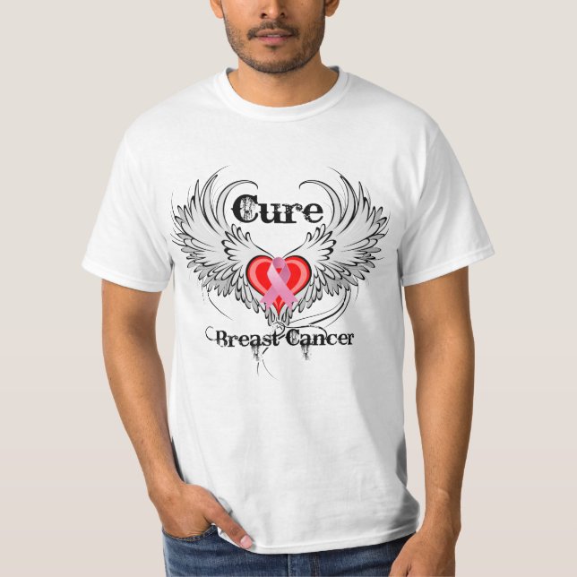 Cure Breast Cancer Heart Tattoo Vingar Tee Shirt (Framsida)