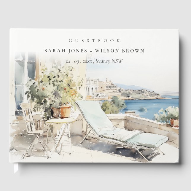 Curfu Greece Watercolor liggande Bröllop Gästböcker (Framsida)