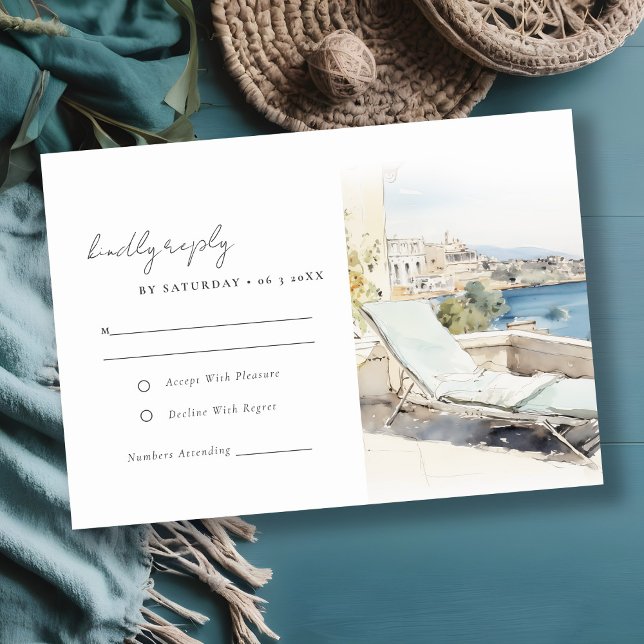 Curfu Greece Watercolor liggande Bröllop OSA Kort (Skapare uppladdad)