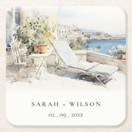 Curfu Greece Watercolor liggande Bröllop Underlägg Papper Kvadrat