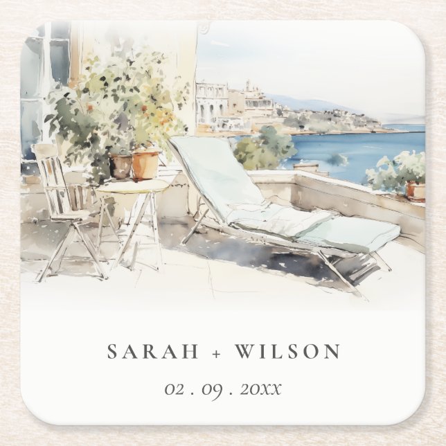 Curfu Greece Watercolor liggande Bröllop Underlägg Papper Kvadrat (Framsidan)