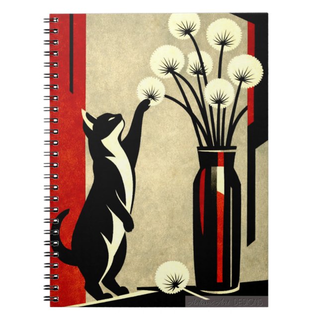 Curious Cat and Dandelions – Art Deco Style Anteckningsbok (Framsidan)