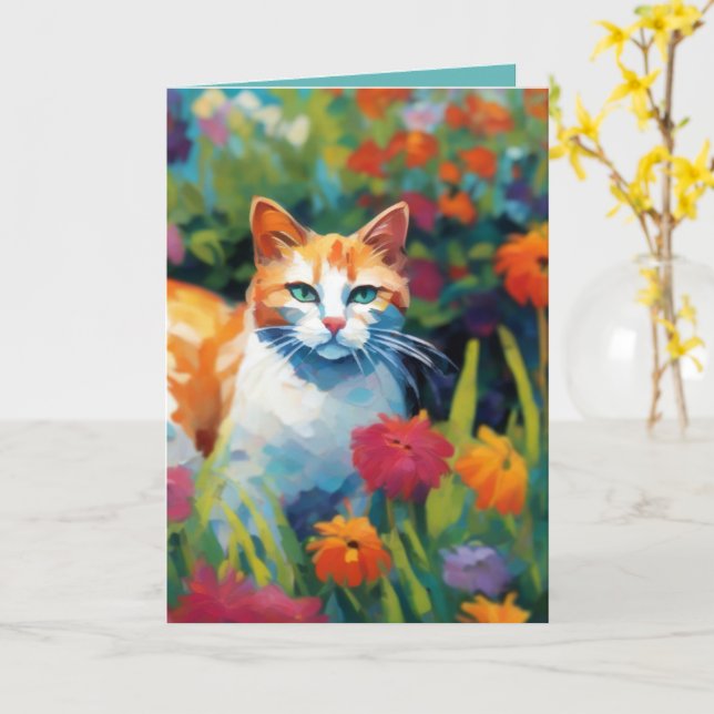 Curious Cat In the Garden Greetings Card Kort (Gul blomma)