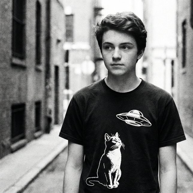 Curious Cat Watching UFO – Funny Alien Cat Sci-Fi T Shirt (Skapare uppladdad)